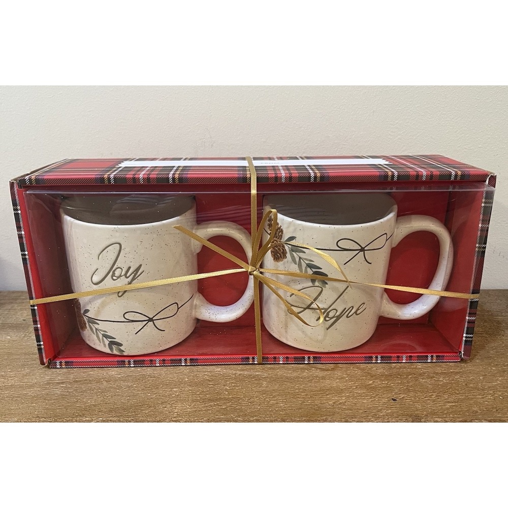 NEW Holiday Mugs Gift Set Box of 2 Joy Hope Pine Cone Motif Christmas Coffee Cup